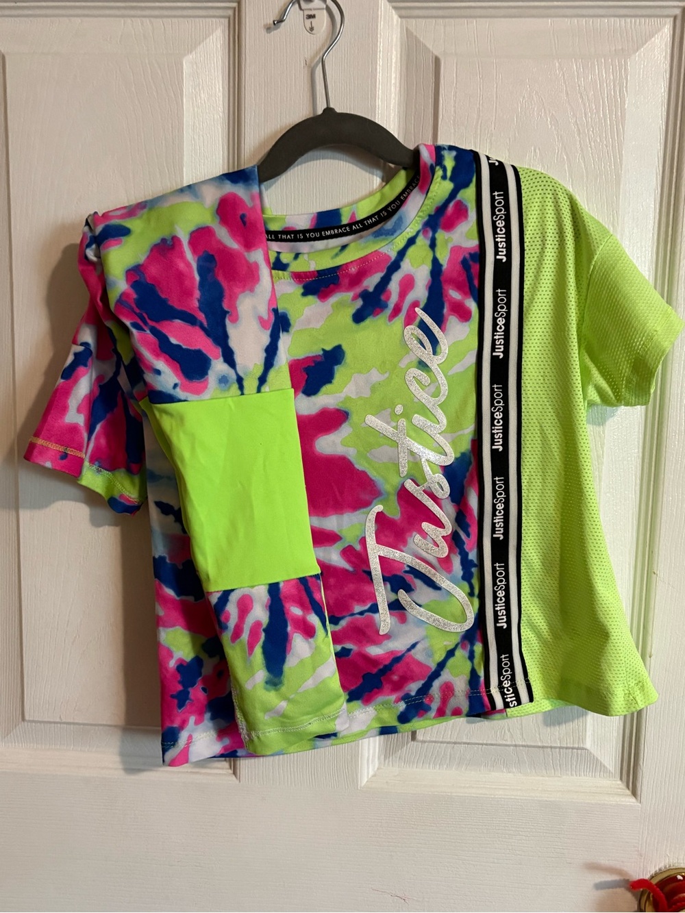 Justice Neon Tie-Dye & Mesh Colorblock Active wear set - Neon Green, Pink, Blue